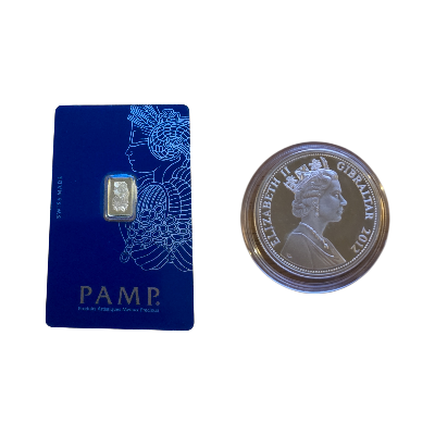 1g Pamp Gold Bar & 1oz Elizabeth II Gibralter 2012 Five Pounds Coin .925