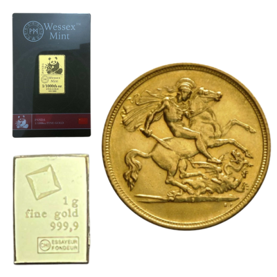 Half Gold Sovereign, 1/1000th oz Panda Gold Bar, 1g Preloved Gold Bar